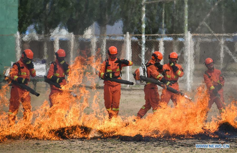 <?php echo strip_tags(addslashes(Newly-recruited firemen put out fire during a training in Hohhot, north China's Inner Mongolia Autonomous Region, June 5, 2019. Over 1,100 socially-recruited firemen are receiving a six-month training in Hohhot. (Xinhua/Peng Yuan))) ?>