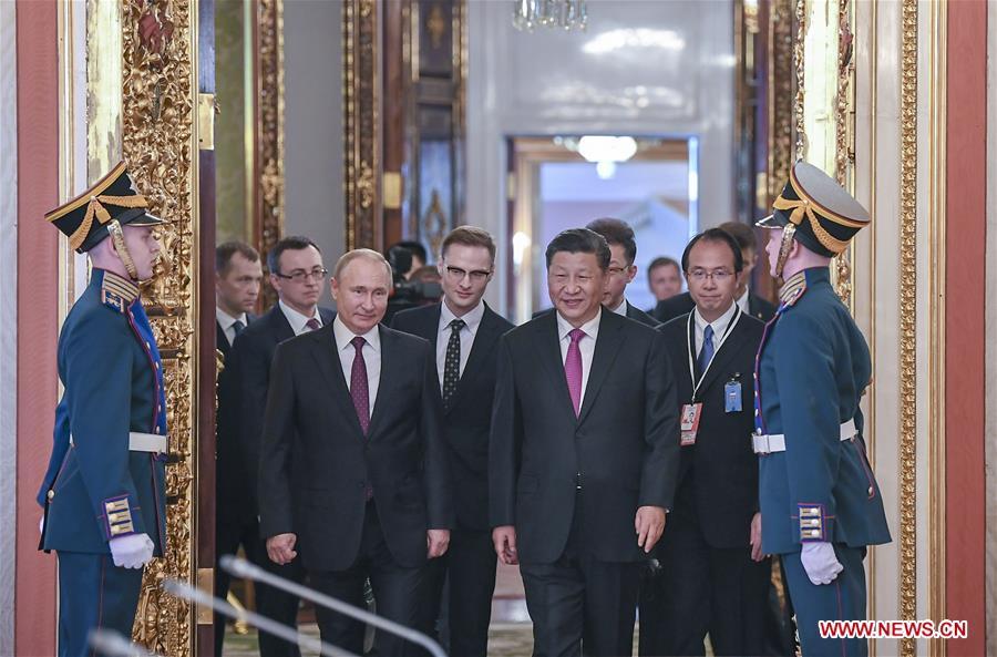 Chinese President Xi Jinping and his Russian counterpart Vladimir Putin head for the venue of their talks in Moscow, Russia, June 5, 2019. Xi Jinping held talks with Vladimir Putin at the Kremlin in Moscow on Wednesday. (Xinhua/Xie Huanchi)