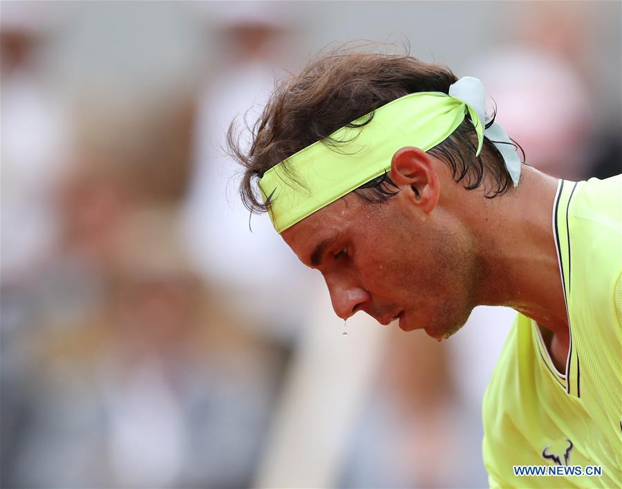 Rafael Nadal of Spain competes during the men\'s singles final with Dominic Thiem of Austria at French Open tennis tournament 2019 at Roland Garros, in Paris, France on June 9, 2019. (Xinhua/Gao Jing)