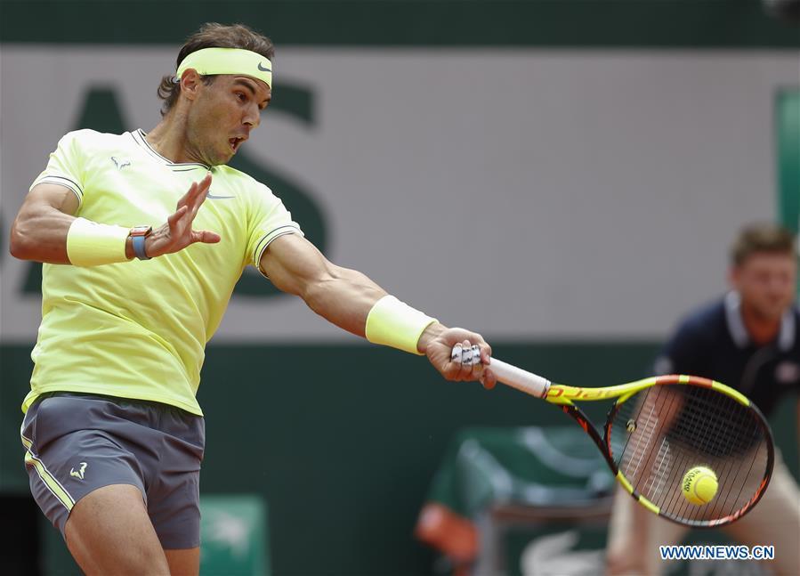 <?php echo strip_tags(addslashes(Rafael Nadal of Spain competes during the men's singles final with Dominic Thiem of Austria at French Open tennis tournament 2019 at Roland Garros, in Paris, France on June 9, 2019. (Xinhua/Han Yan))) ?>