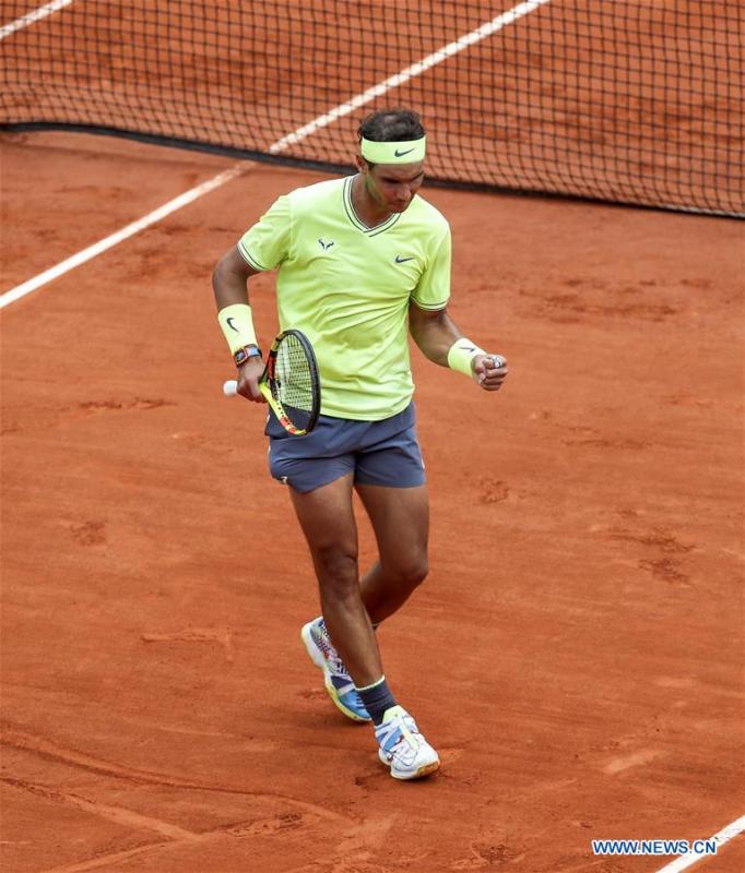 Rafael Nadal of Spain competes during the men\'s singles final with Dominic Thiem of Austria at French Open tennis tournament 2019 at Roland Garros, in Paris, France on June 9, 2019. (Xinhua/Gao Jing)