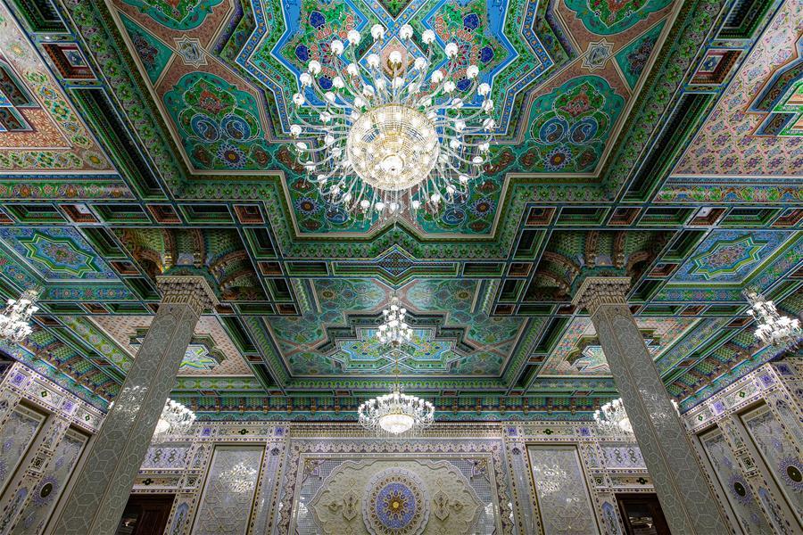 Photo taken on April 14, 2019 shows a hall in the Kohi Navruz (Navruz Palace) in Dushanbe, Tajikistan. The building has 12 halls, each of which is made in a unique style. (Xinhua/Bai Xueqi)