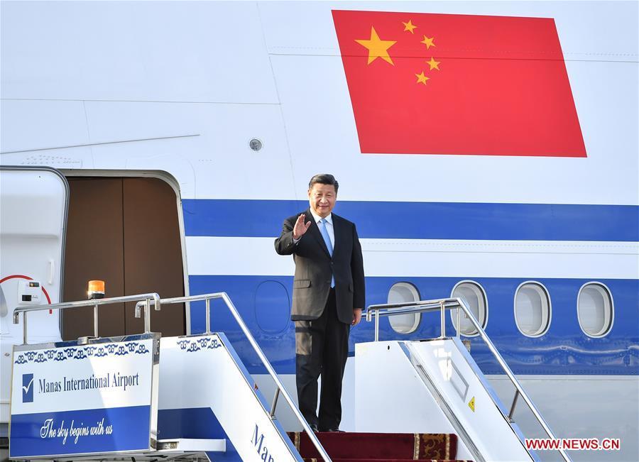 Chinese President Xi Jinping disembarks from the airplane upon his arrival in Bishkek, Kyrgyzstan, June 12, 2019. Xi arrived here Wednesday for a state visit to Kyrgyzstan and the 19th Shanghai Cooperation Organization (SCO) summit. (Xinhua/Yin Bogu)