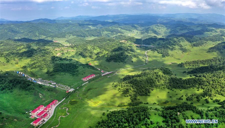 Aerial photo taken on June 12, 2019 shows the view of Guanshan Grassland at Longxian County in Baoji, northwest China\'s Shaanxi Province. (Xinhua/Tao Ming)