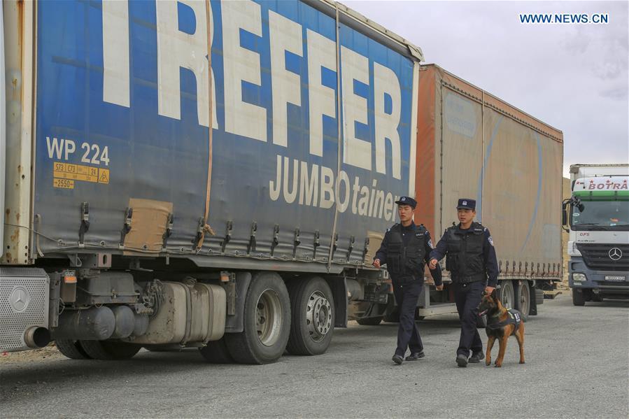Chinese border policemen check vehicles ready to pass the Karasu port in Tajik Autonomous County of Taxkorgan, northwest China\'s Xinjiang Uygur Autonomous Region, on June 11, 2019. With the Belt and Road Initiative, trade between China and Tajikistan has continued to develop. The Karasu port between the two countries has seen large quantities of goods cleared by customs every year. (Xinhua/Huang Huan)