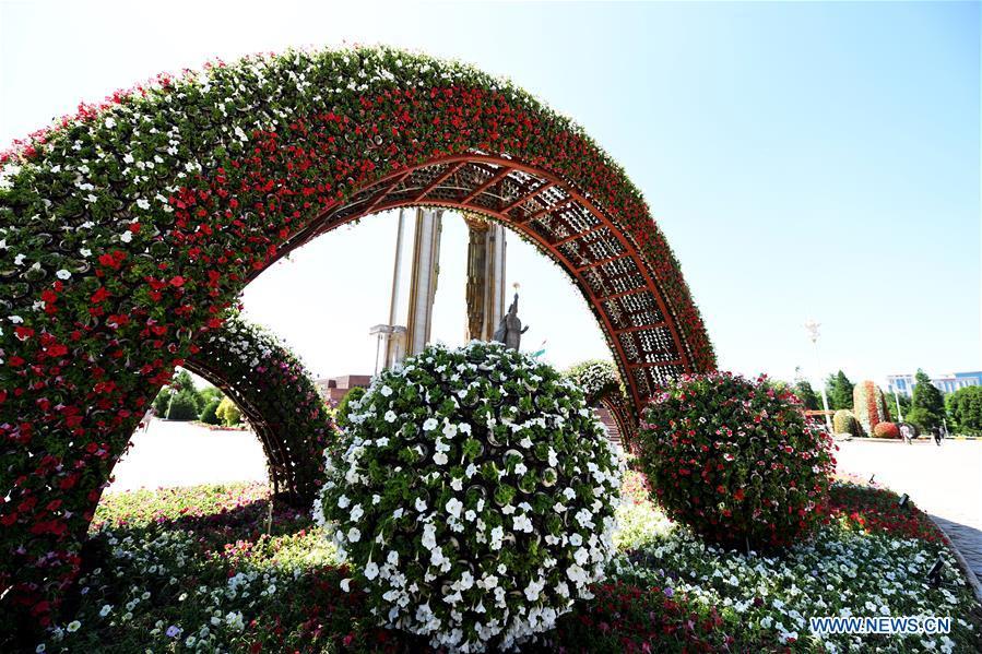 A decorating parterre to greet the fifth summit of the Conference on Interaction and Confidence Building Measures in Asia (CICA) is seen in Tajikistan\'s capital Dushanbe, June 13, 2019. (Xinhua/Sadat)