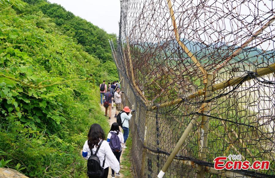 Tourists walk on a hiking trail inside the DMZ, which has divided the Korean Peninsula since the end of the 1950-53 Korean War, in South Korea. (Photo: China News Service/Zeng Ding)