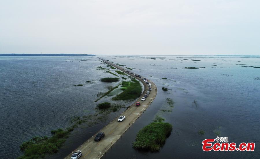 <?php echo strip_tags(addslashes(Photo taken on June 16, 2019 shows the submerged Dahuchi section of Yongxiu-Wucheng Road in East China's Jiangxi province. Continuous rain in Jiangxi has led to a rise of water level of the Poyang Lake, China's largest freshwater lake. The Dahuchi section of Yongxiu-Wucheng Road was submerged in water. (Photo: China News Service/Mao Jiajia))) ?>