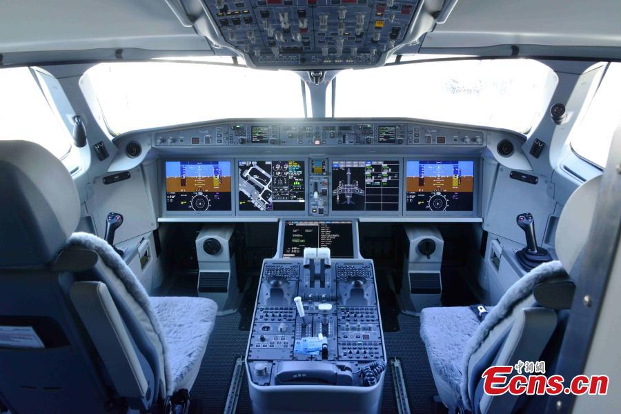 <?php echo strip_tags(addslashes(The cockpit of the Airbus A220-300 at the 53rd International Paris Air Show, June 17, 2019. . With 2,400 exhibitors and 350,000 visitors, the air show, held at the Le Bourget airfield in Paris, is the world's largest aerospace event. (Photo: China News Service/Li Yang))) ?>