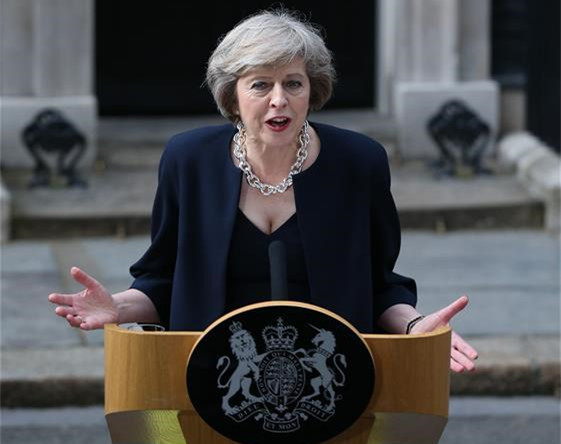 Britain's new Prime Minister Theresa May delivers a speech after arriving at 10 Downing Street in London, Britain on July 13, 2016. Britain's new Prime Minister Theresa May arrived at Downing Street on Wednesday after gaining consent from Queen Elizabeth II. (Xinhua/Han Yan) 