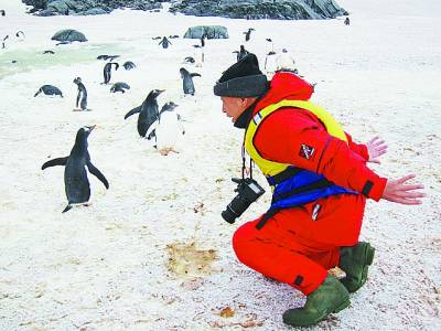 Zhang is imitating the way penguins walk.