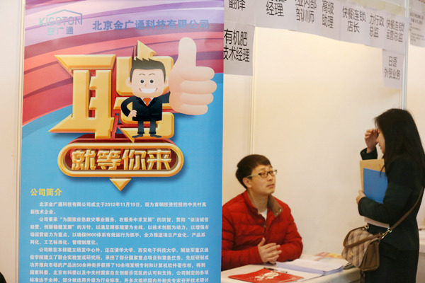 A job seeker talks to a recruitment agent at a jobs fair at Beijing's International Exhibition Center. (Photo provided to China Daily)