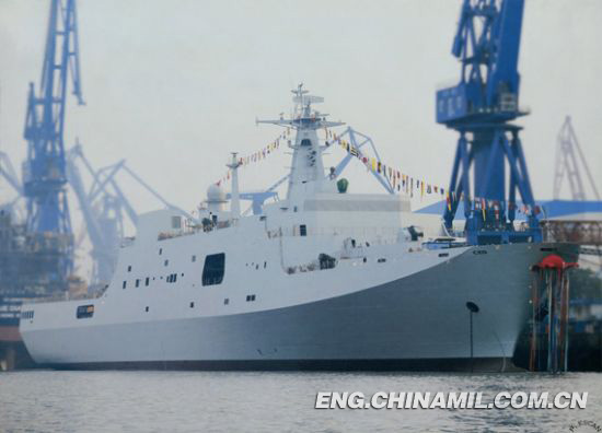 The picture features the “Jinggangshan” amphibious dock landing ship that was launched in the China Shanghai Shipbuilding Cooperation, LTD.