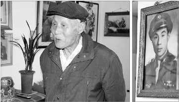 Wang Yanzhou (left) in his apartment in the coastal city of Rizhao, Shandong province. The old photo of Wang (right) in the Kuomingtang air force uniform hangs on the wall of his apartment. [Photo/China Daily] 