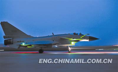 A J-10 fighter of the J-10 Blue Army seen in the picture takes off to join a night confrontation training. (PLA Daily file photo)