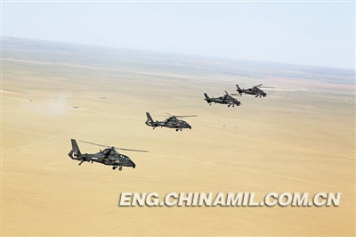 The picture shows the WZ-10 and WZ-19 armed helicopters in training. (chinamil.com.cn/ Huang Wei)