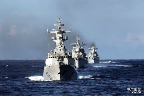 The picture shows that the taskforce composed of guided missile destroyers and guided missile frigates of the East China Sea Fleet of the PLA Navy sails forward.