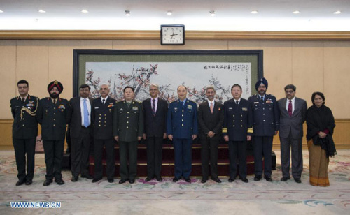 Xu Qiliang (6th R), vice chairman of China's Central Military Commission, meets with Indian Defense Secretary Shashi Kant Sharma (6th L) during a meeting in Beijing, capital of China, Jan. 14, 2013. (Xinhua/Wang Ye)
