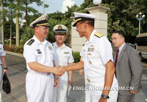 Vice Admiral Jiang Weilie, commander of the South China Sea Fleet of the Navy of the Chinese People's Liberation Army (PLAN), is shaking hands with Admiral Haney, commander of the US Pacific Fleet.
