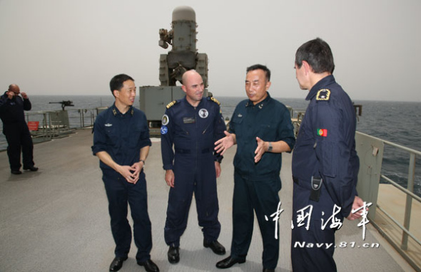 The picture shows the scene of exchange between the commanders of the 14th escort taskforce of the Navy of the Chinese People's Liberation Army (PLAN) and the EU Combined Task Force 465 (CTF-465). (Chinamil.com.cn/ Liang Dong)