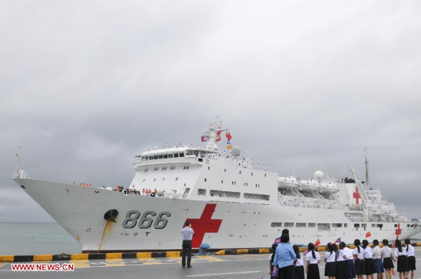 Chinese hospital ship Peace Ark arrives at the Sihanoukville Autonomous Port, Cambodia, Sept. 24, 2013. Chinese hospital ship Peace Ark arrived at the Sihanoukville Autonomous Port on Tuesday as part of its overseas voyage to further enhance China- Cambodia ties and to provide medical services to local residents. (Xinhua/Li Hong)  