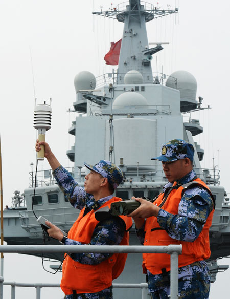 Staff on the Liaoning aircraft carrier monitor the weather. Provided to China Daily