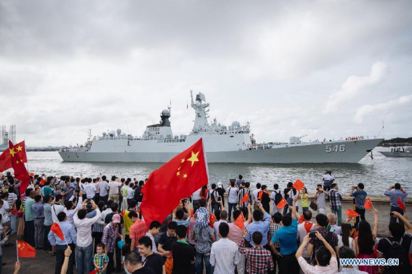 A visiting Chinese fleet of the 16th naval escort squad sent by the Chinese People's Liberation Army (PLA) Navy arrives in Lagos, capital of Nigeria, May 24, 2014.  (Xinhua/Zhang Weiyi)