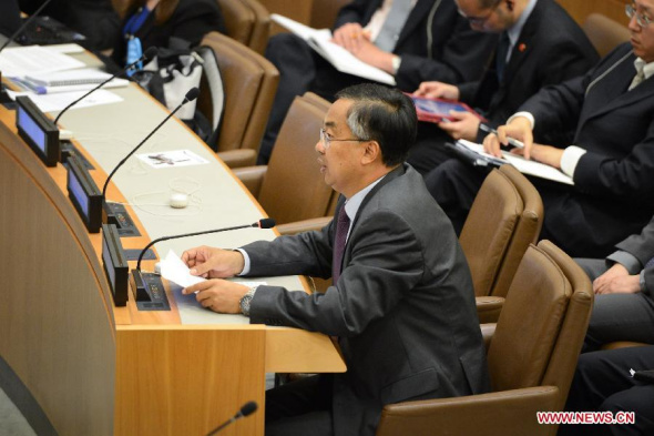 Wang Min, China's deputy permanent representative to the United Nations, speaks during a meeting to commemorate the 20th anniversary of the enforcement of the UN Convention on the Law of the Sea, at the UN headquarters in New York, on June 9, 2014. [Xinhua/Niu Xiaolei]