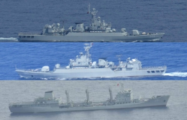 Seen in the picture are the three Chinese warships photographed by the Janpanese planes and ships. Three warships of the Chinese People's Liberation Army Navy (PLAN) were again tailed after, photographed and filmed by the planes and ships of the Japan Self Defense Forces (JSDF) while sailing through the open sea area of the Osumi Strait on their return voyage to China on June 22, 2014.