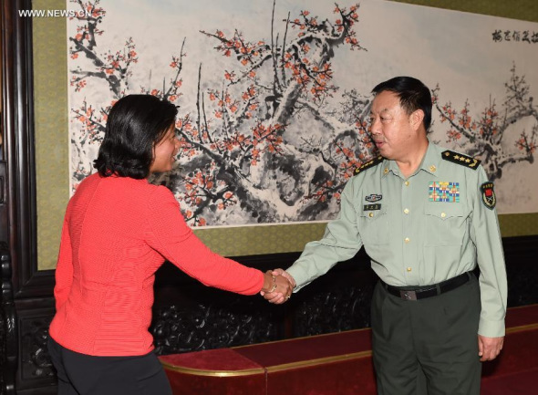 Fan Changlong (R), vice chairman of China's Central Military Commission, meets with US President National Security Advisor Susan Rice in Beijing, capital of China, Sept. 9, 2014. (Xinhua/Gao Jie)