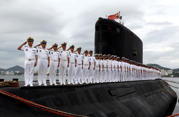 Crew members of Submarine 372, of the PLA navy's South Sea Fleet, salute in an undated photo. GAO YI/CHINA DAILY