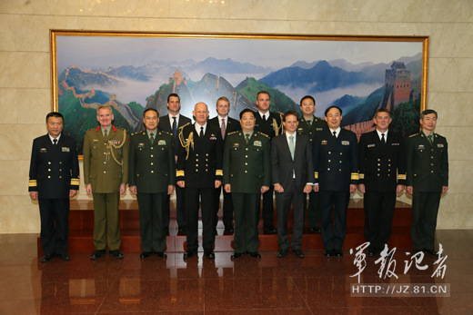 Zhao Keshi (5th L, front), member of Chinas Central Military Commission and director of the General Logistics Department (GLD) of the Chinese Peoples Liberation Army (PLA), meets with Rear Adm. Jack Steer (4th L, front), chief of the Royal New Zealand Navy (RNZN), in Beijing on January 12, 2015. (Chinamil.com.cn/Zhang Xiaoqi)
