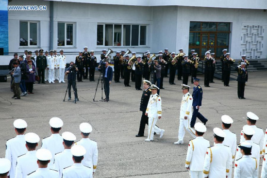 Photo taken on May 11, 2015 shows the launching ceremony of the Joint Sea-2015 in the southern Russian port city of Novorossiysk. Chinese and Russian naval forces on Monday launched joint military exercises Joint Sea-2015 in the southern Russian port city of Novorossiysk. (Xinhua/Zhang Xuanjie)