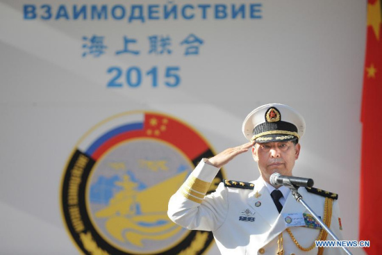Du Jingchen, deputy commander of the Navy of the People's Liberation Army of China attends a closing ceremony in Novorossiysk, Russia, on May 21, 2015. Chinese and Russian naval forces on Thursday ended their joint military exercises in the Mediterranean, according to an online news briefing from the Chinese Defense Ministry. (Xinhua/Dai Tianfang)