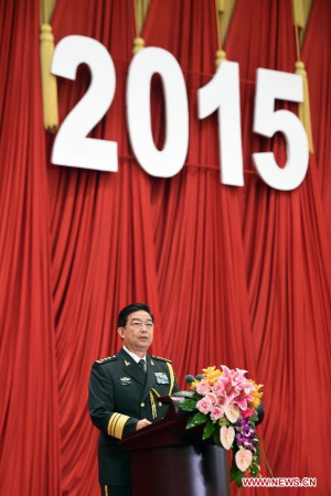 Chinese Defense Minister Chang Wanquan addresses a reception held by Ministry of National Defense to celebrate the 88th anniversary of the founding of the Chinese People's Liberation Army (PLA) in Beijing, capital of China, July 31, 2015, a day ahead of China's Army Day. (Xinhua/Chen Yehua)
