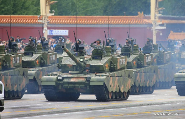 Soldiers take part in a rehearsal for a military parade in Beijing, capital of China, Aug. 23, 2015. China will hold a grand military parade on Sept. 3 to mark the 70th anniversary of the victory of the Chinese People's War of Resistance Against Japanese Aggressions and the World Anti-Fascist War. (Photo: Xinhua/Li Gang)