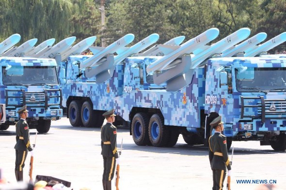 Anti-ship missiles attend the military parade in Beijing, capital of China, Sept. 3, 2015. China on Thursday held commemoration activities, including a grand military parade, to mark the 70th anniversary of the victory of the Chinese People's War of Resistance against Japanese Aggression and the World Anti-Fascist War. (Photo: Xinhua/Chen Fei)