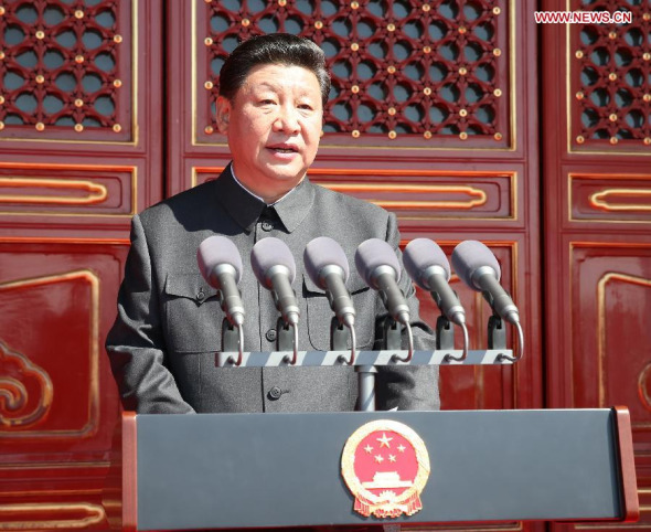 Chinese PresidentXi Jinpingdelivers a speech during the commemoration activities to mark the 70th anniversary of the victory of the Chinese People's War of Resistance AgainstJapanese Aggression and the World Anti-Fascist War, in Beijing, capital of China, Sept. 3, 2015. (Photo: Xinhua/Lan Hongguang)