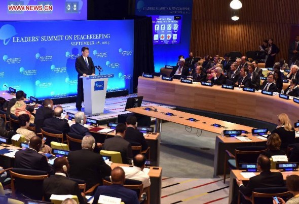 Chinese President Xi Jinping addresses the Leaders' Summit on Peacekeeping at the United Nations headquarters in New York Sept. 28, 2015. (Photo: Xinhua/Li Tao)  