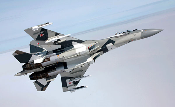 A Russian-made Sukhoi Su-35 fighter jet.