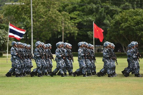 Chinese marines take part in the opening ceremony for a joint military exercise in Sattahip Naval Base, Chon Buri province, Thailand, on May 21, 2016. Thai and Chinese marine corps held an opening ceremony for a joint military exercise codenamed Blue Strike 2016 here on Saturday. (Xinhua/Li Mangmang)