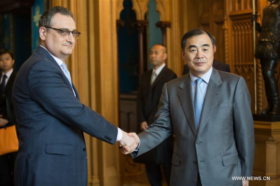 Chinese Assistant Minister of Foreign Affairs Kong Xuanyou (R) shakes hands with Russian Deputy Foreign Minister Igor Morgulov during the fourth meeting on Northeast Asia security held in Moscow, Russia, July 28, 2016. (Xinhua/Evgeny Sinitsyn)