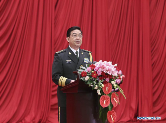 Chinese Defense Minister Chang Wanquan addresses a reception held by the Ministry of National Defense to celebrate the 89th anniversary of the founding of the Chinese People's Liberation Army (PLA) in Beijing, July 31, 2016. (Xinhua/Ding Lin)