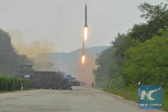 Photo provided by Korean Central News Agency (KCNA) on Sept. 6, 2016 shows a fire drill of ballistic rockets by Hwasong artillery units of the KPA Strategic Force. (Photo: Xinhua/KCNA)