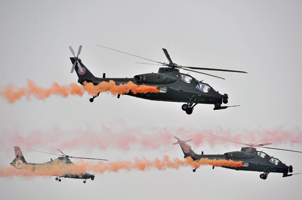 WZ-10 combat helicopters are displayed during the China Helicopter Exposition held in Tainjin in 2013. (Provided to China Daily)