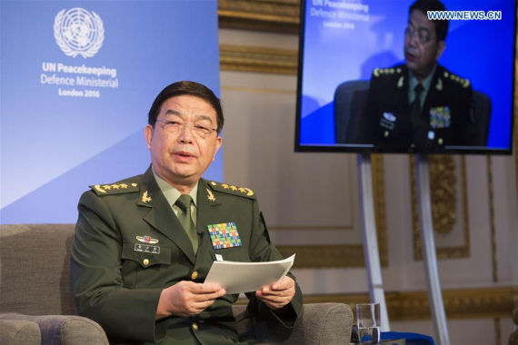 Chinese State Councilor and Defense Minister Chang Wanquan delivers a speech at the UN peacekeeping defense ministerial meeting in London, Britain on Sept. 8, 2016. (Photo/Xinhua)