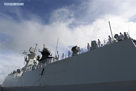 Chinese Navy soldiers stand on the deck of a Chinese naval vessel at the Thilawa port in Yangon, Myanmar, Sept. 30, 2016. A Chinese naval fleet comprising Xiangtan and Zhoushan of the 23rd Escort Task Group called at the Myanmar International Terminals Thilawa (MITT) in Yangon's Thanlyin township Friday, following the completion of its escort mission in the Gulf of Aden. (Xinhua/U Aung)