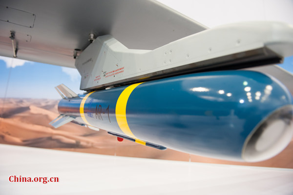 A close look at the AR-1 air-to-surface missile, which is equipped on the Rainbow series UAV. (Photo/China.org.cn)