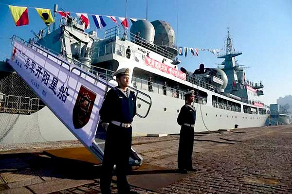 The People's Liberation Army Navy holds a ceremony to celebrate the commissioning of the CNS Kaiyangxing on Tuesday. Photo provided To China Daily