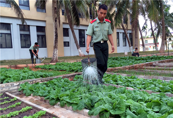 Guards water their division's vegetable garden on Yongxing Island, Sansha. (Photo by ZHANG ZHIHAO/CHINA DAILY)